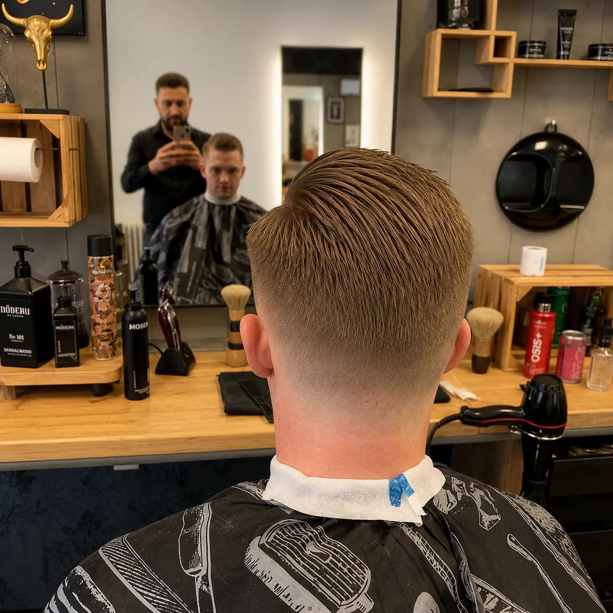 Herrenschnitt mit präzisem Fade und zurückgekämmtem Deckhaar bei Hairlight by Rejin